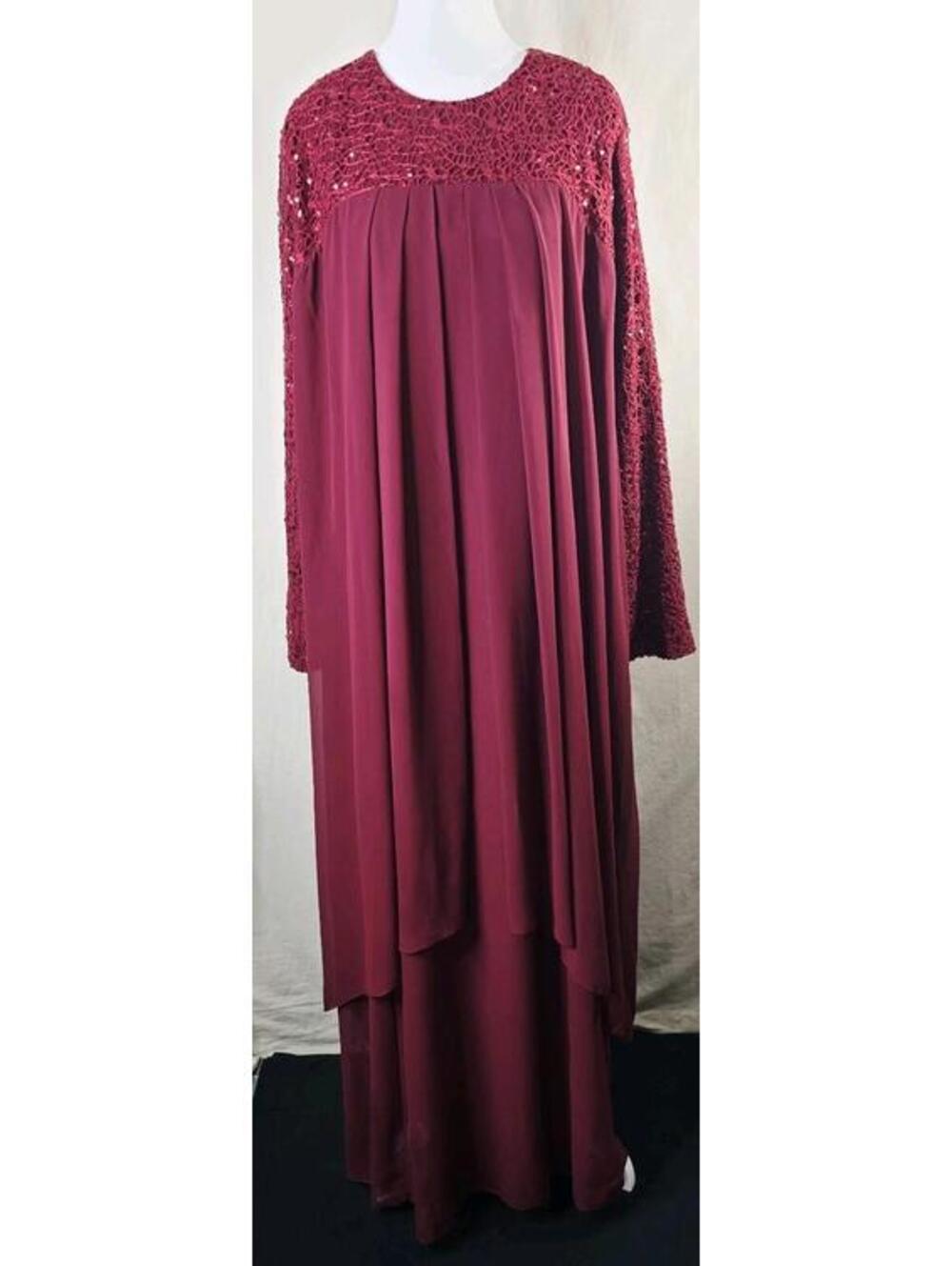 F.Y. Burgundy Wine Maxi Dress Lace Overlay Sequin Long Sleeve Modest Kaftan...